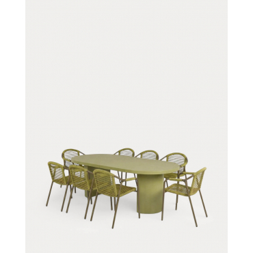 Set de Mesa Extensible (Ø120-240x120 cm) Beca y 8 Sillas con Reposabrazos de Metal y Cuerda Murna de Exterior Verde Olive - The Masie