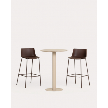 Set de Mesa Alta Redonda de Metal (Ø70 cm) Banon y 2 Taburetes Altos de Polipropileno (74 cm) Meivy de Exterior Marrón Chocolate - The Masie