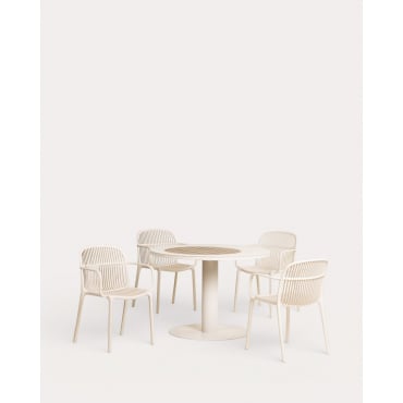 Set de Mesa Redonda de Metal (Ø110 cm) Lirae y 4 Sillas con Reposabrazos de Polipropileno Aisha de Exterior Beige Seashell - The Masie