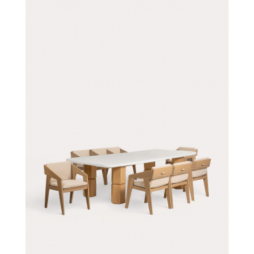 Set de Mesa Rectangular de Terrazo (270x120 cm) Ixiar y 8 Sillas con Reposabrazos de Madera de Acacia Tanon de Exterior Madera Natural - The Masie