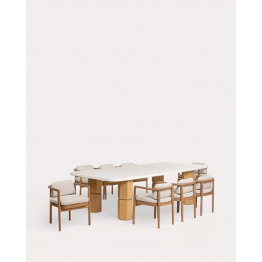 Set de Mesa Rectangular de Terrazo Ixiar (270x120 cm) y 8 Sillas con Reposabrazos de Madera Elnes de Exterior Madera Clara - The Masie