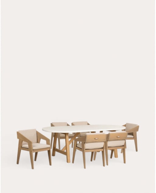 Set de Mesa Ovalada de Terrazo (230x100 cm) Mirena y 6 Sillas con Reposabrazos de Madera de Acacia Tanon de Exterior