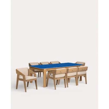 Set de Mesa Extensible Rectangular (225-330x100 cm) Ubel y 8 Sillas con Reposabrazos de Madera de Acacia Tanon de Exterior Azul Sapphire - The Masie
