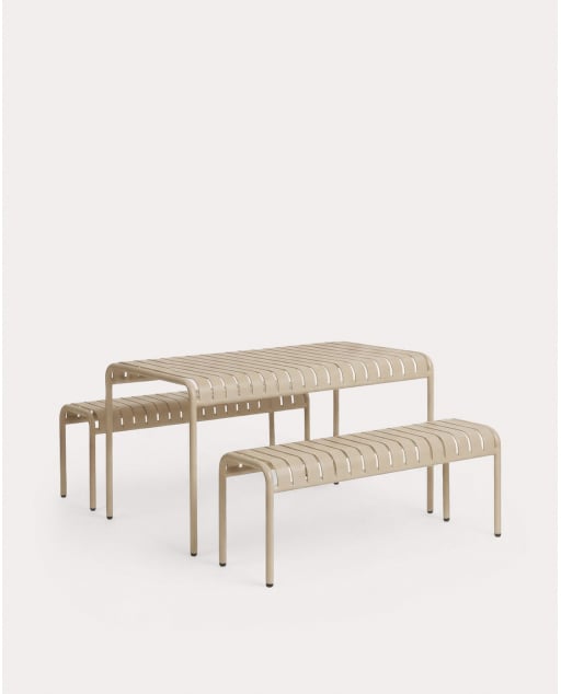 Set de Mesa Rectangular (130x80 cm) y 2 Bancos de Metal Tavo de Exterior - Marrón Clay