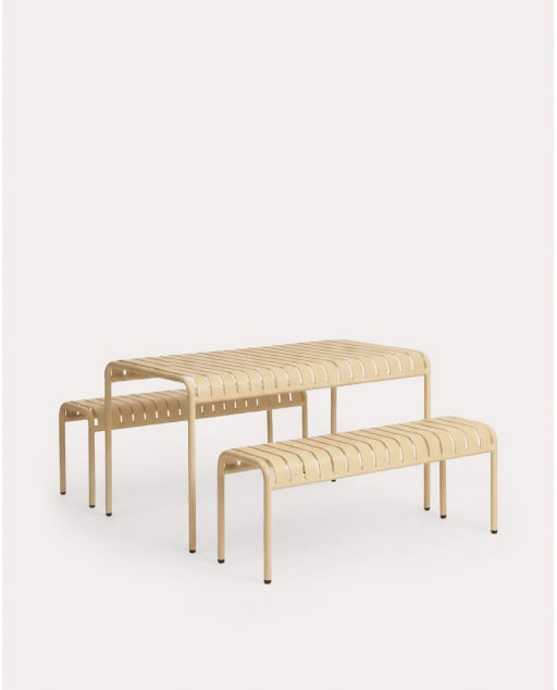 Set de Mesa Rectangular (130x80 cm) y 2 Bancos de Metal Tavo de Exterior