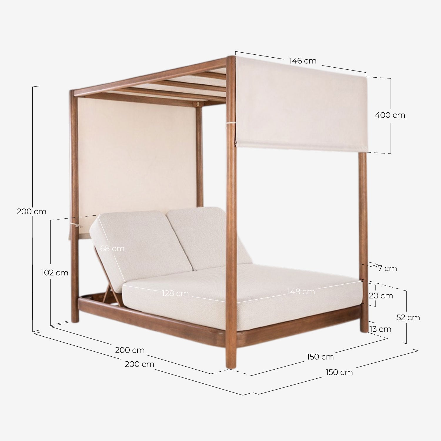 Cama Balinesa Reclinable de Madera de Eucalipto y Tela Zoier, medidas