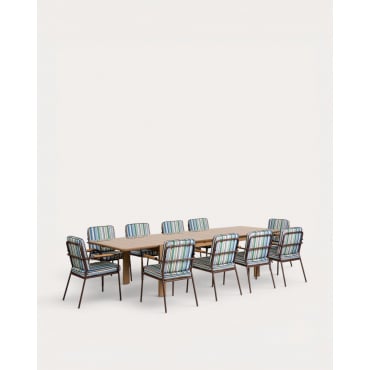 Set de Mesa Extensible Rectangular de Madera (225-330x100 cm) Ubel y 10 Sillas con Reposabrazos de Metal Edimbra de Exterior Marrón Clay - The Masie