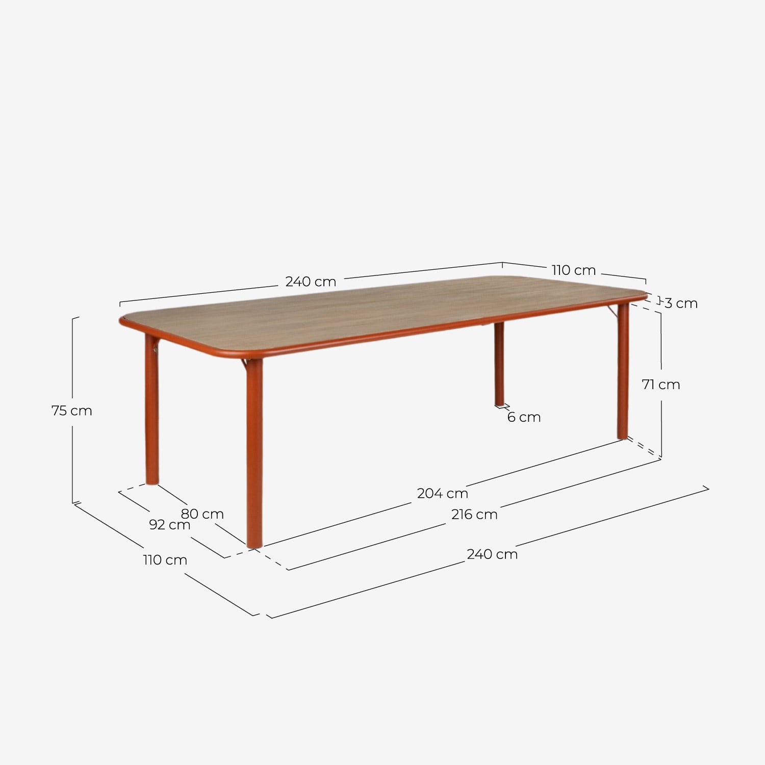 Set de Mesa Rectangular (240x110 cm) y 8 Sillas de Madera de Acacia y Metal de Exterior Caitlyn, medidas