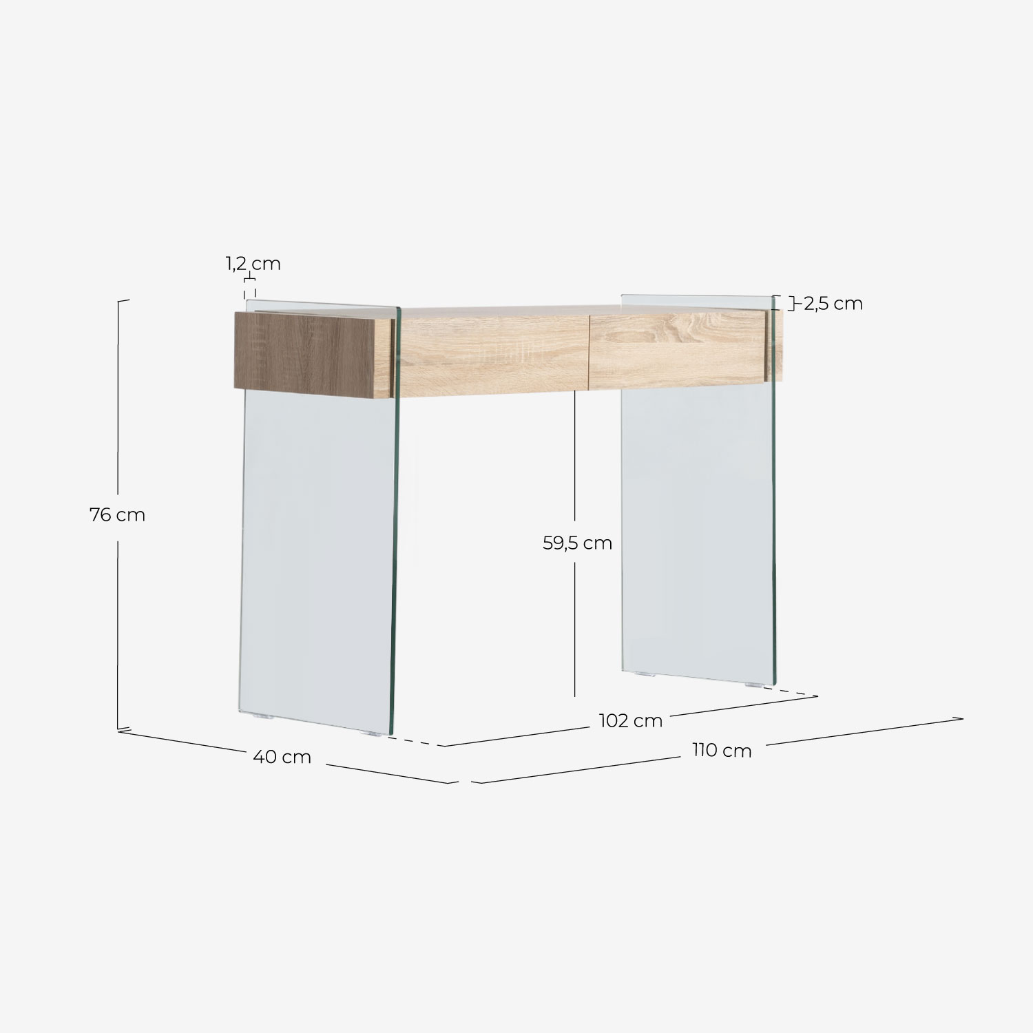 Consola recibidor rectangular 2 cajones 110x40 cm de madera y cristal Galad, medidas