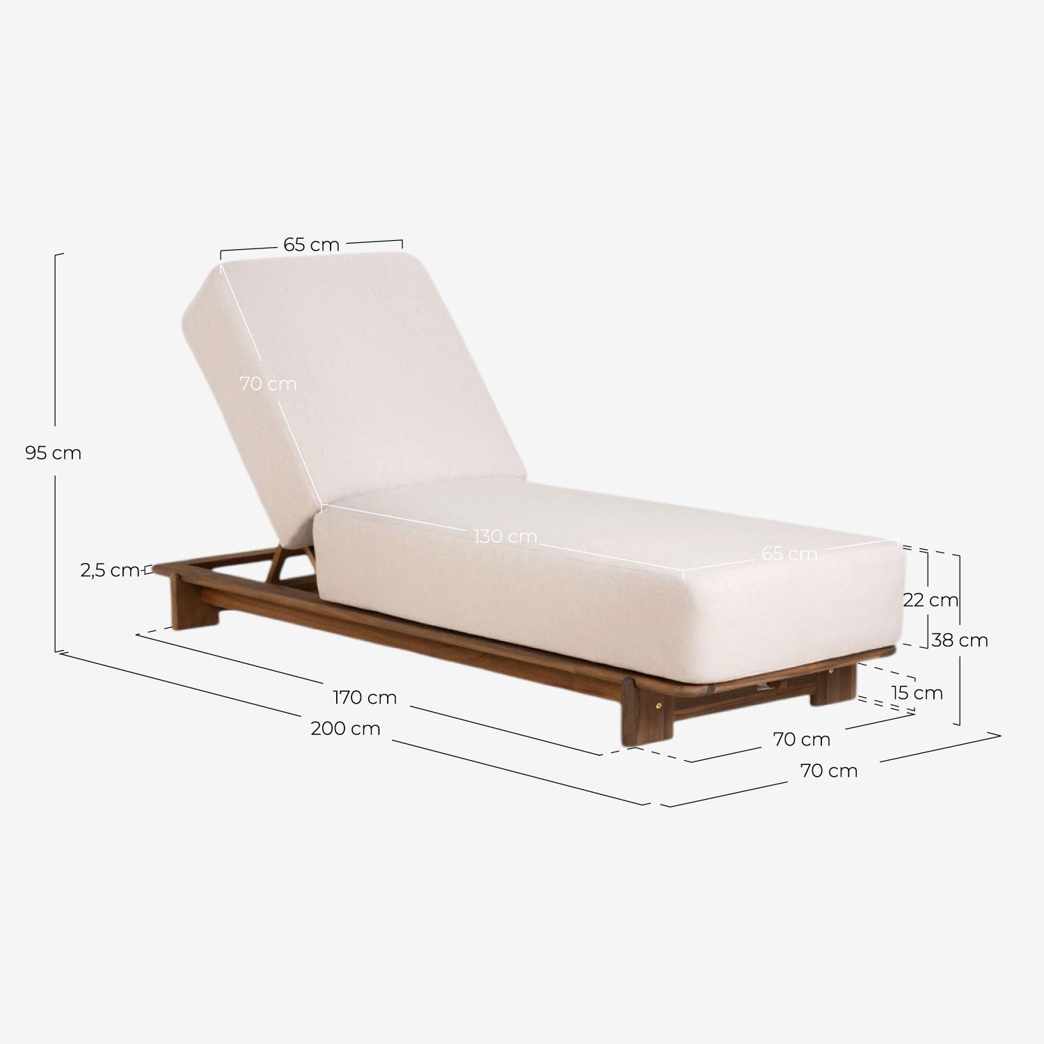 Tumbona Reclinable de Madera de Acacia con Cojín de Tela Cael , medidas