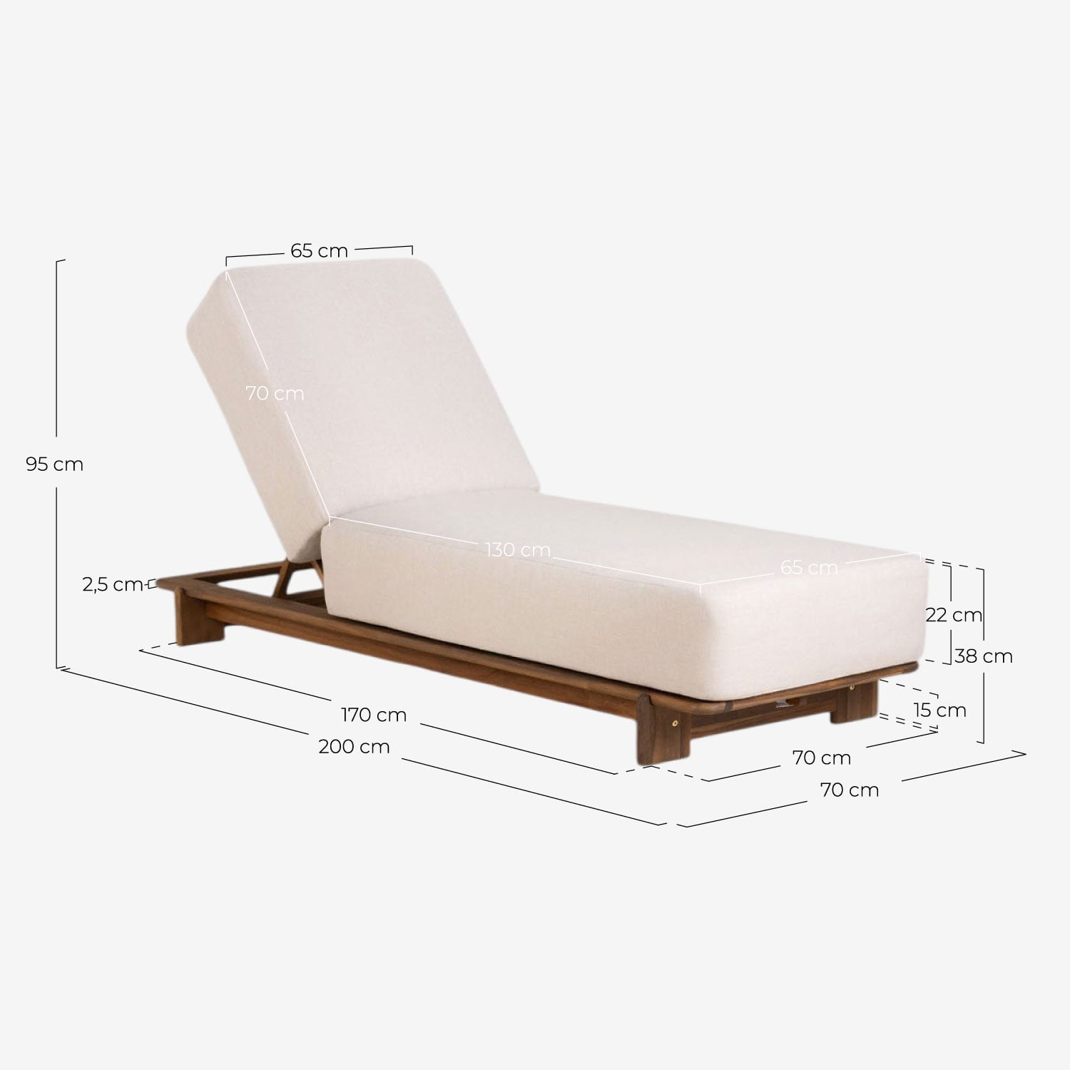 Pack 2 Tumbonas Reclinables de Madera de Acacia con Cojín de Tela Cael, medidas