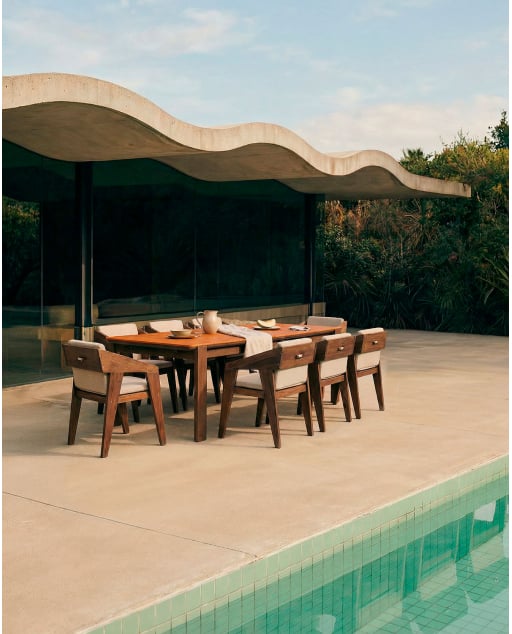 Set de Mesa Extensible Rectangular (225-330x100 cm) Ubel y 8 Sillas con Reposabrazos de Madera de Acacia Tanon de Exterior