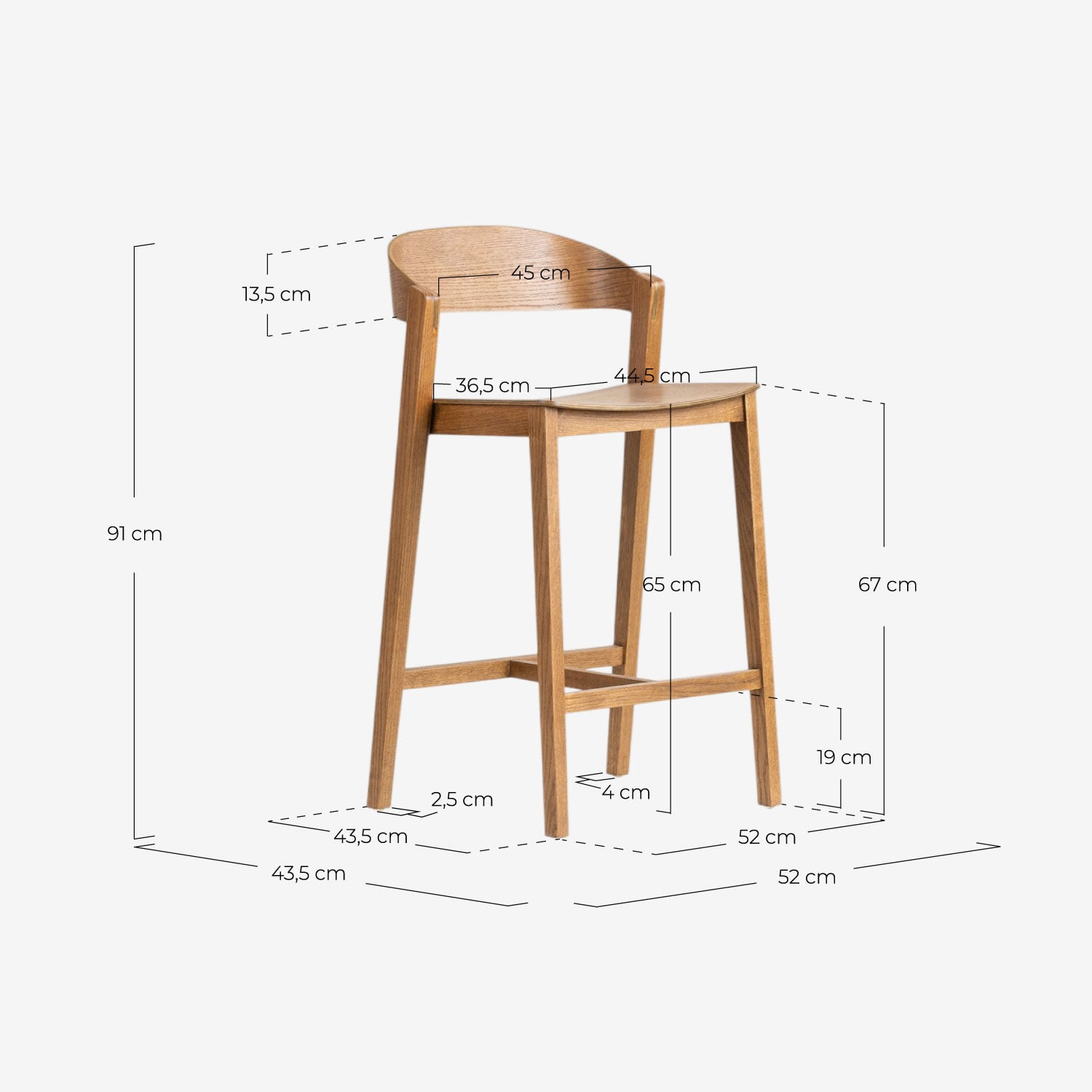 Taburete Alto de Madera de Roble (65 cm) Laly, medidas