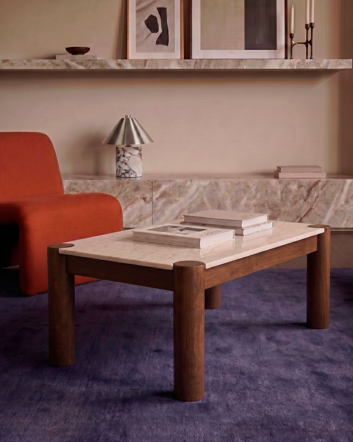 Mesa de Centro Rectangular de Mármol Botticino y Madera de Mango (120x60 cm) Dublin, imagen de galer&iacute;a 2