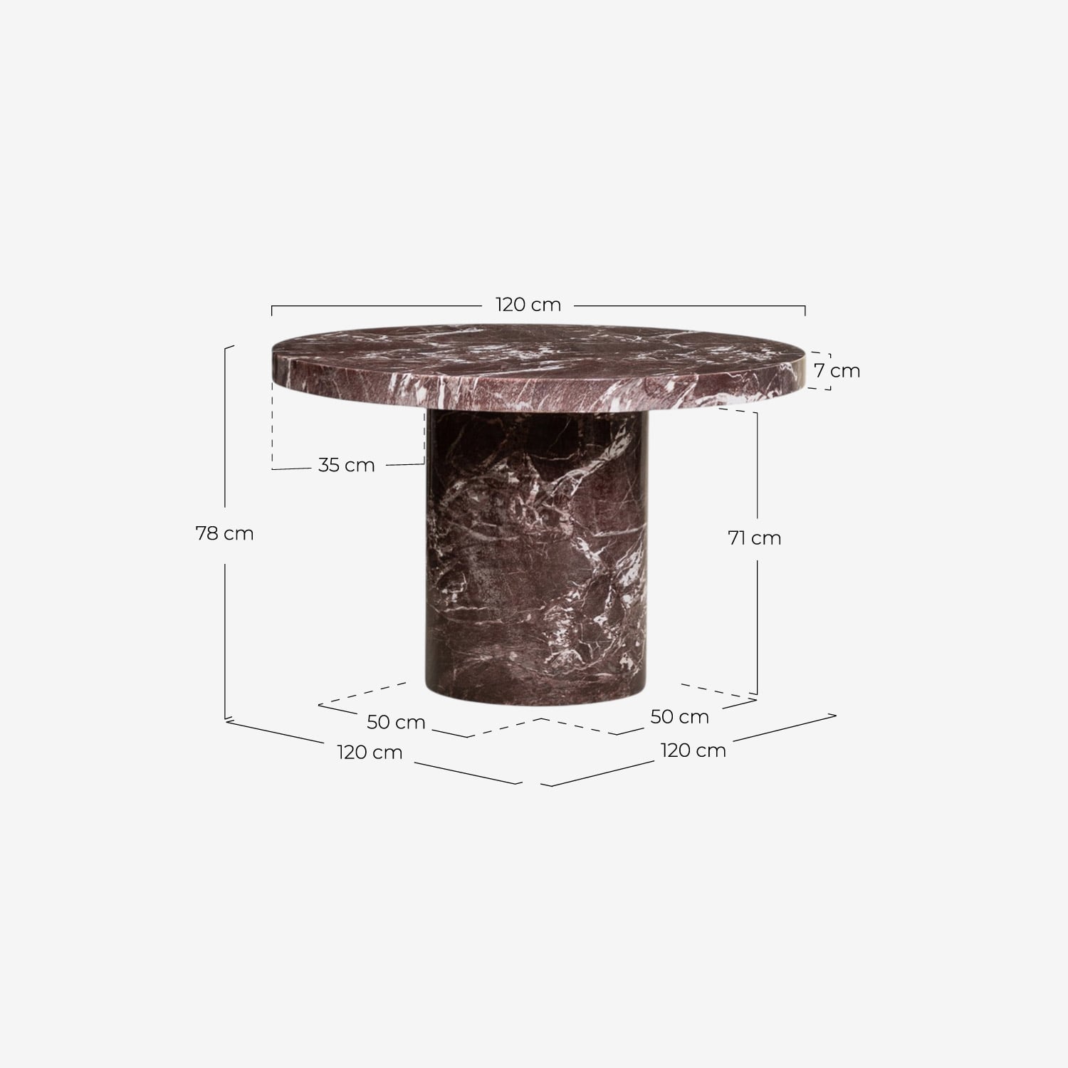 Mesa de Exterior Redonda de Hormigón (Ø120 cm) Mathis, medidas