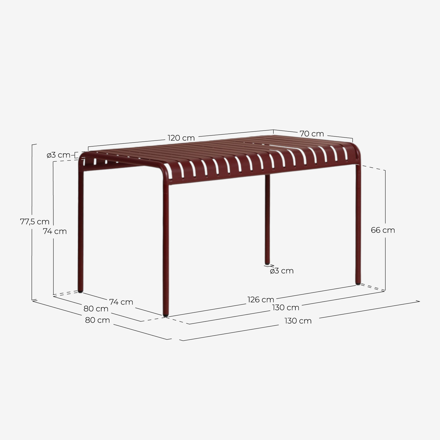 Mesa de Exterior Rectangular de Metal (130x80 cm) Tavo, medidas