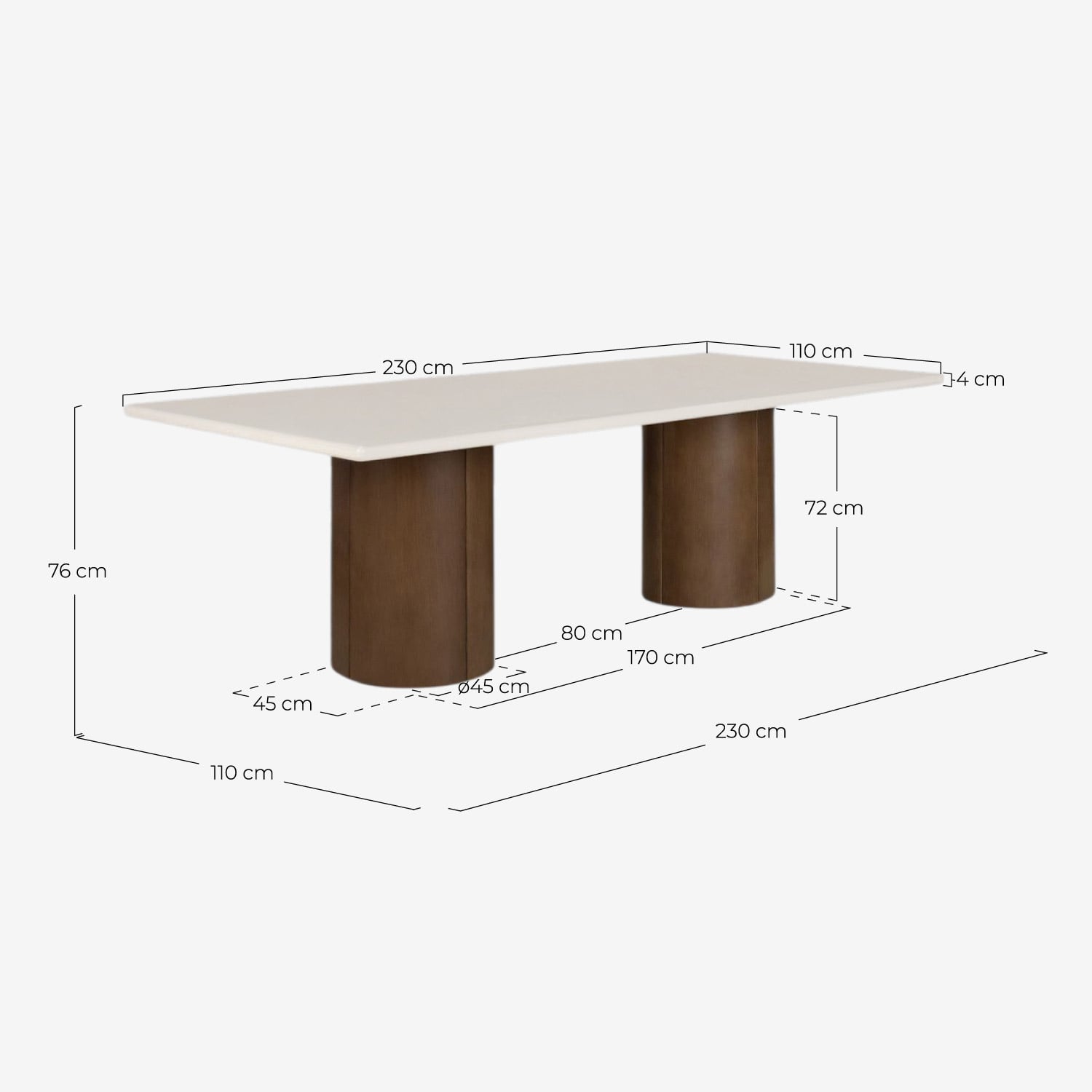 Mesa de Comedor Rectangular de Cemento y Madera de Acacia (230x110 cm) Eneiza, medidas