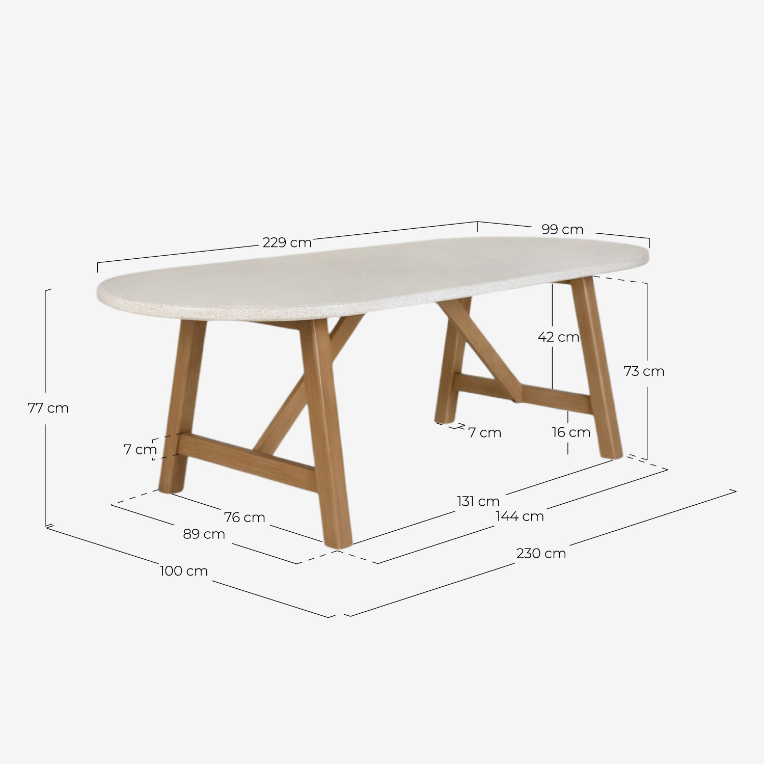Mesa de Comedor Ovalada de Terrazo y Madera de Acacia (230x100 cm) Mirena, medidas