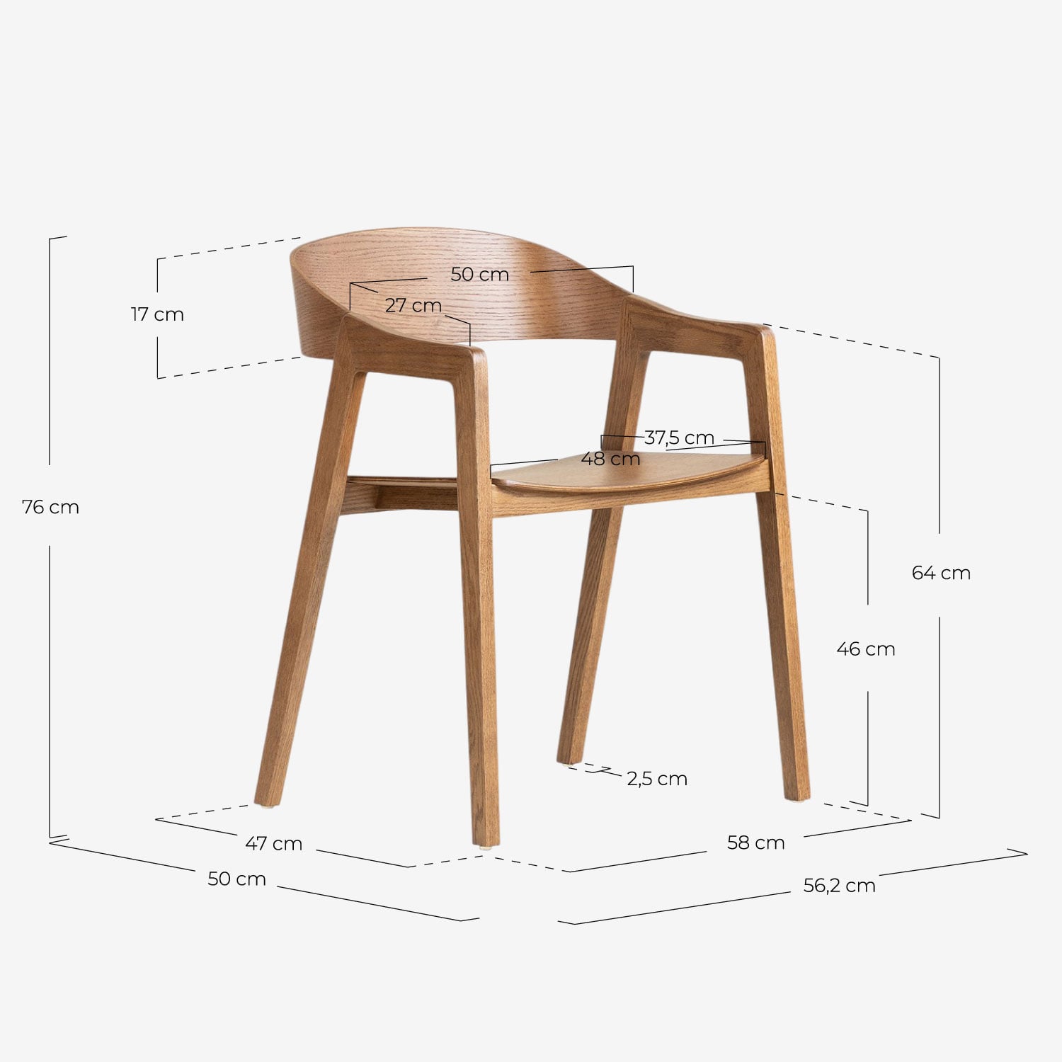 Silla de Comedor de Madera de Roble con Reposabrazos Laly, medidas