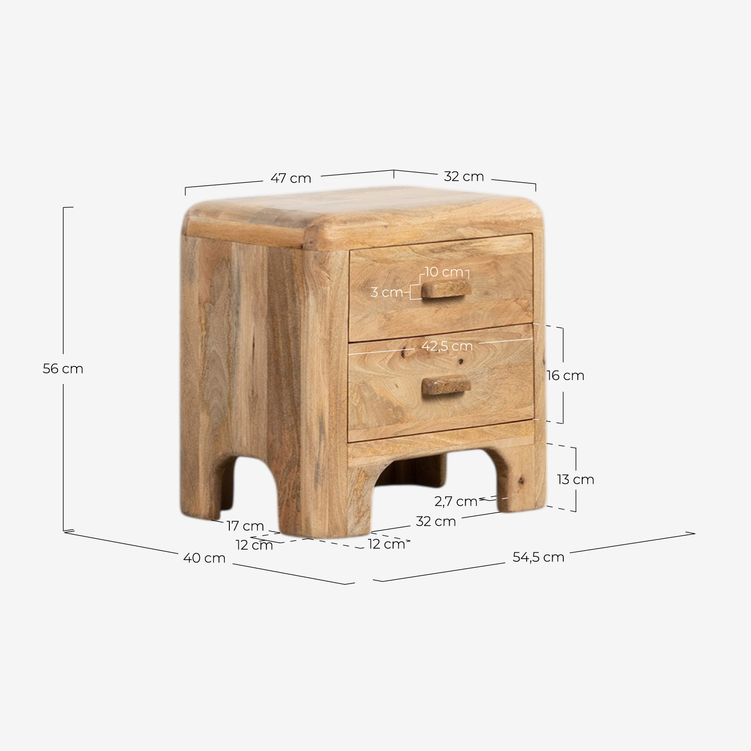 Mesita de Noche con 2 Cajones de Madera de Mango (54,5x40 cm) Reichel , medidas