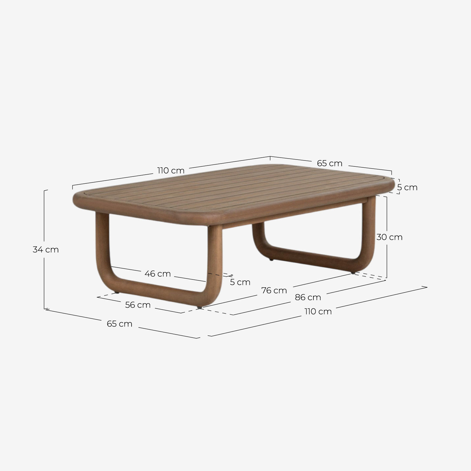 Mesa de Centro de Exterior Rectangular de Madera de Eucalipto (110x65 cm) Edvard, medidas