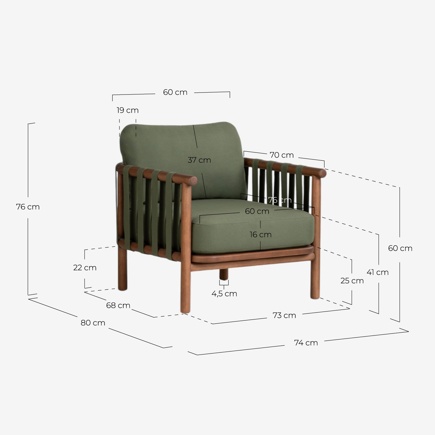 Sillón de Jardín de Madera de Eucalipto y Tela Edvard, medidas