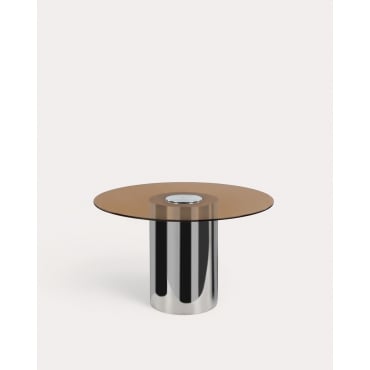 Mesa de Comedor Redonda (Ø130 cm) Revna Cristal Templado Marrón Clay & Gris Cromado - The Masie