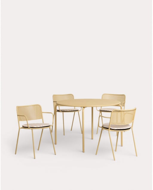 Set de Mesa Redonda (Ø110 cm) y 4 Sillas con Reposabrazos de Metal Dorothea de Exterior - Amarillo Wheat
