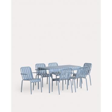 Set de Mesa Rectangular (130x80 cm) y 6 Sillas con Resposabrazos de Metal Tavo Azul Silvery - The Masie