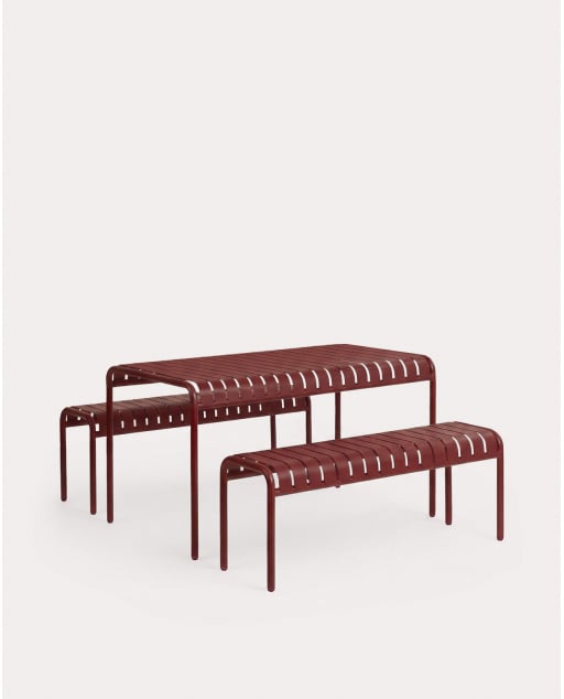 Set de mesa rectangular 130x80 cm y 2 bancos de metal tavo de Exterior