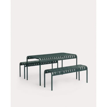 Set de Mesa Rectangular (130x80 cm) y 2 Bancos de Metal Tavo de Exterior Verde Grove - The Masie