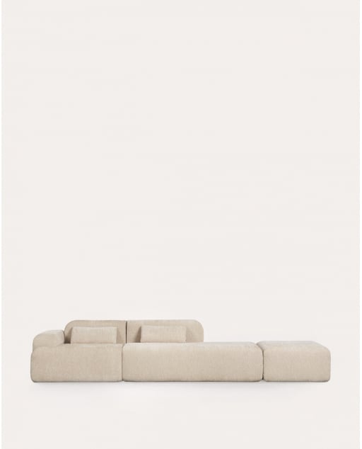 Sofá modular envasado al vacío de 2 piezas con módulo chaise longue, módulo esquinero y módulo puff de tela Rhys - Beige Seashell