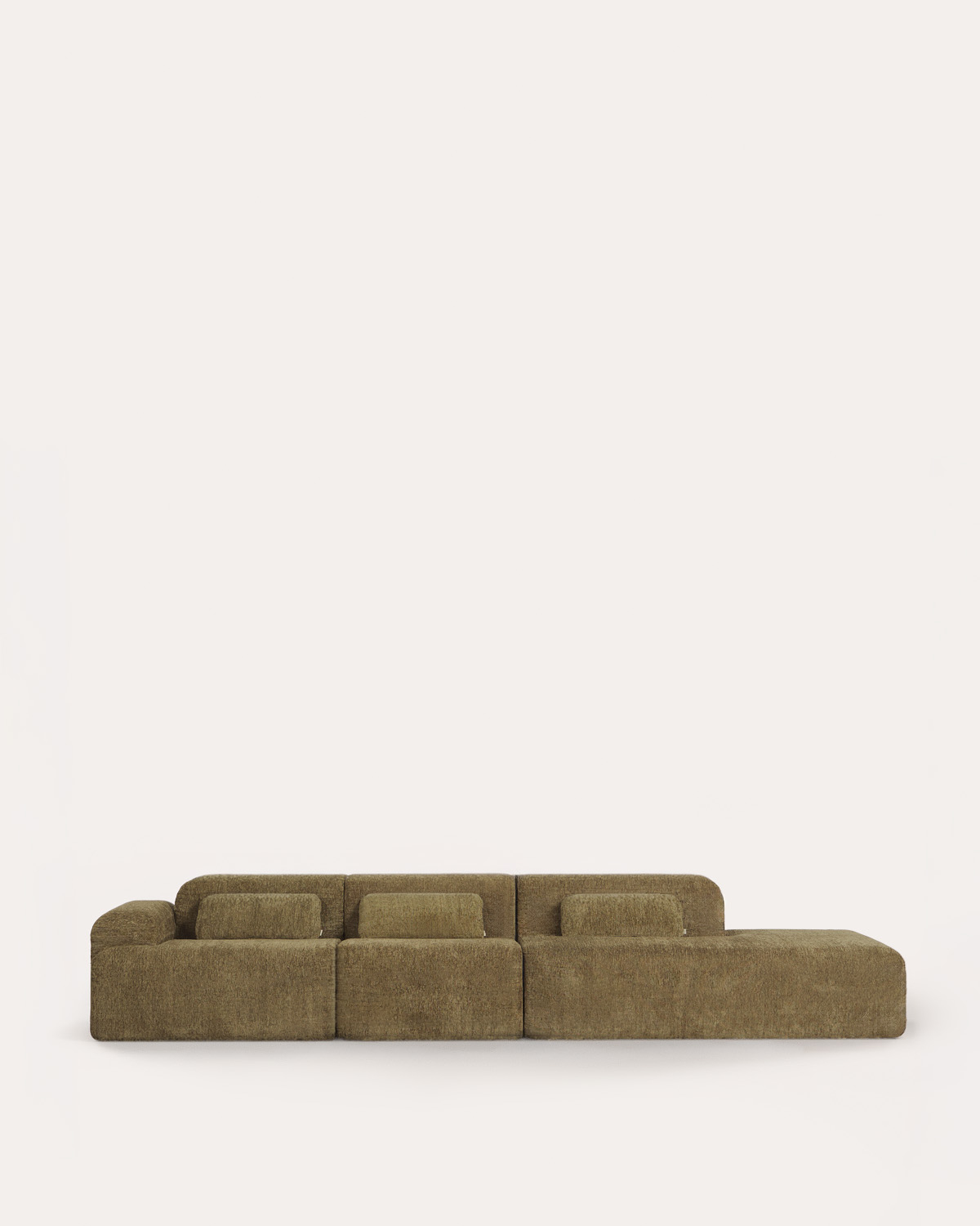 Sofá modular envasado al vacío de 3 piezas con módulo chaise longue, módulo central y módulo esquinero de tela Rhys