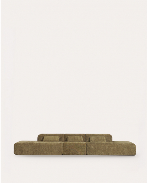 Sofá modular envasado al vacío de 3 piezas con 2 módulos chaise longue y módulo central de tela Rhys - Verde Nori