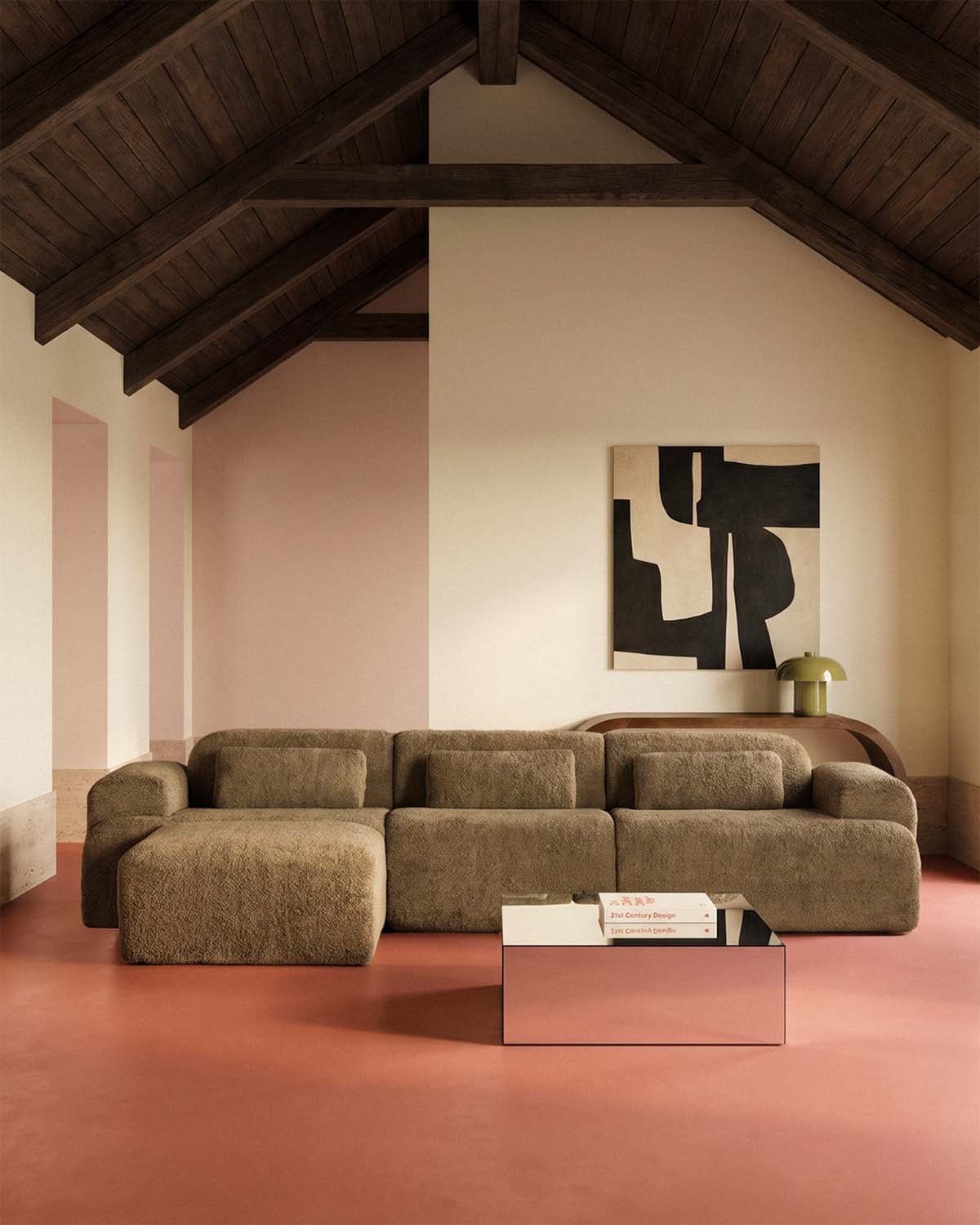 Sofá modular envasado al vacío de 3 piezas con 2 módulos esquineros, módulo central y módulo puff de tela Rhys, imagen de galer&iacute;a 2