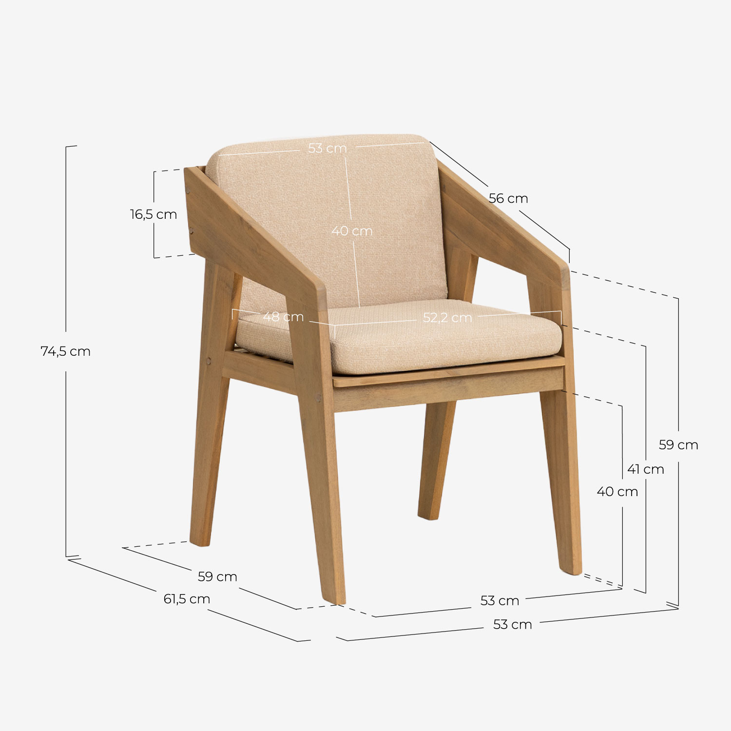 Silla de exterior con reposabrazos de madera de acacia y tela Tanon, medidas