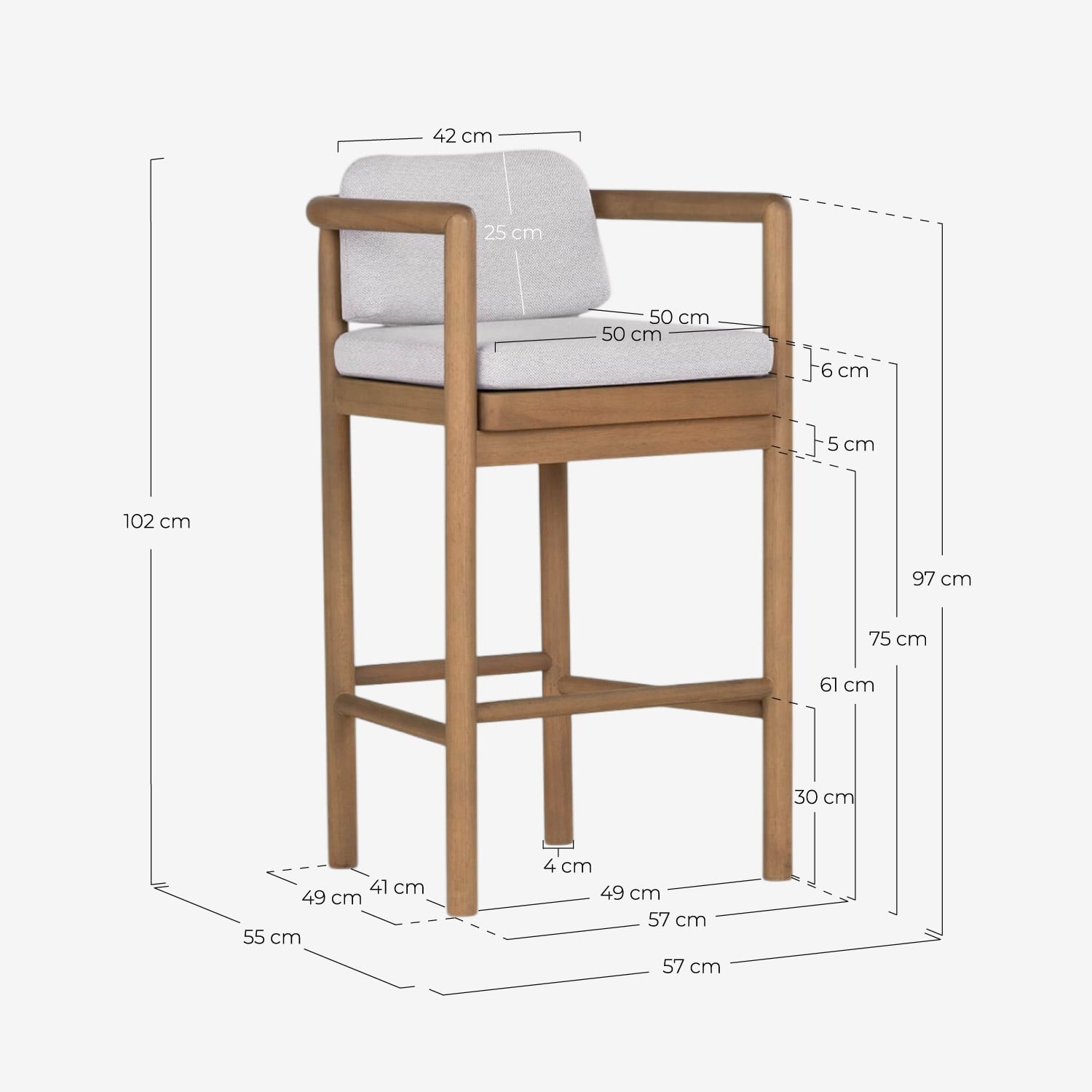 Set de mesa alta cuadrada 70x70 cm y 4 taburetes altos de madera de eucalipto y tela de exterior Elnes, medidas