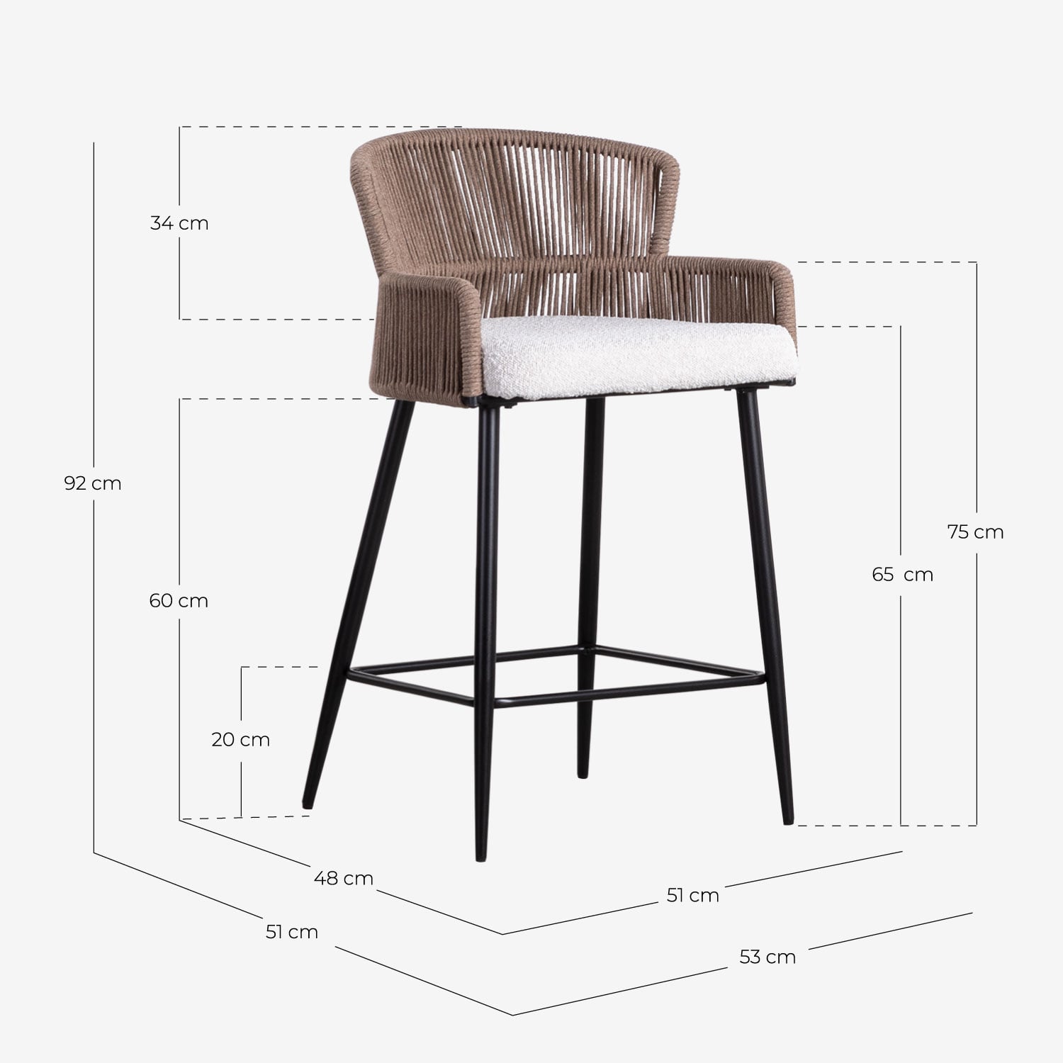 Taburete Alto de Tela y Cuerda (65 cm) Drean , medidas