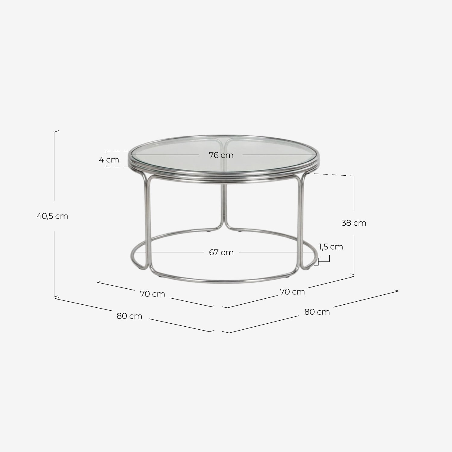 Mesa de Centro Redonda de Metal y Cristal Templado (Ø80 cm) Massia, medidas