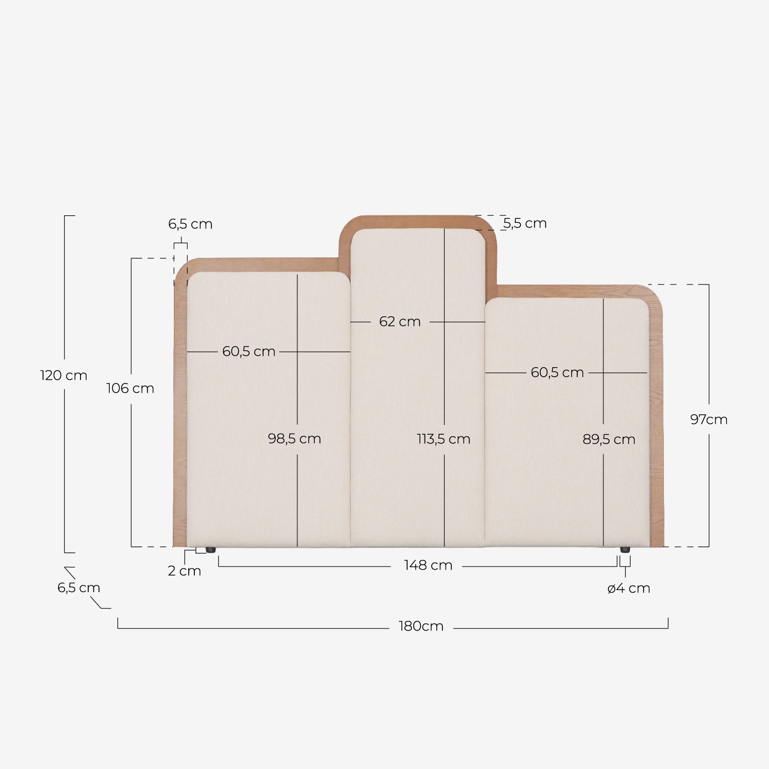 Cabecero para Cama de Madera y Tela Saulo, medidas