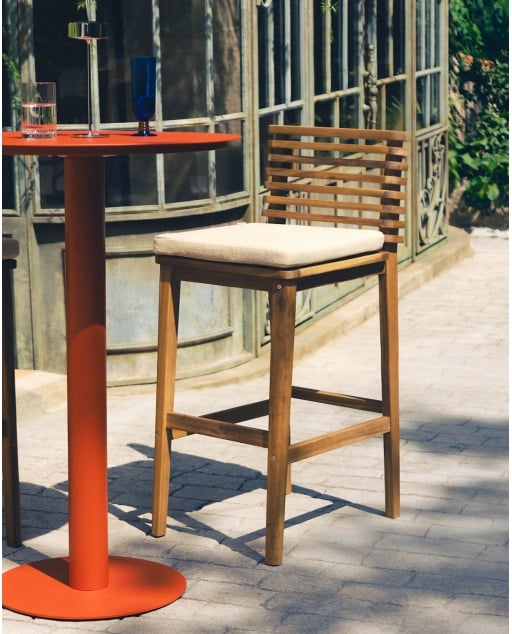 Taburete alto de exterior 75 cm de madera de acacia y tela Hazan