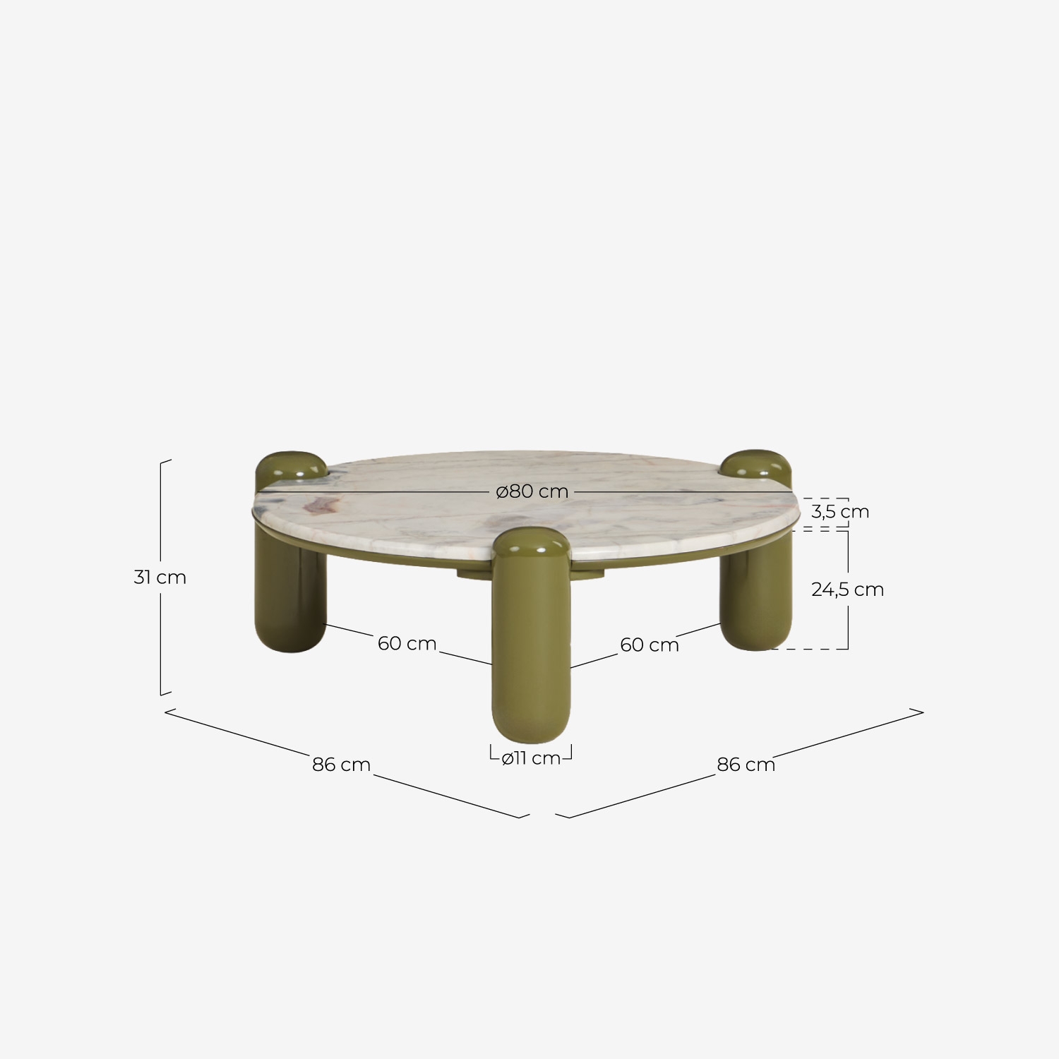 Mesa de centro Ø80 cm de mármol Becky, medidas