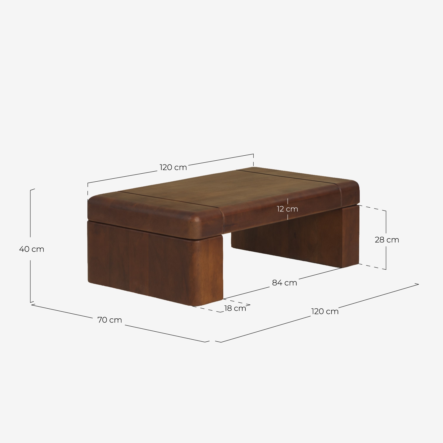 Mesa de centro 120x70 cm de madera de mango Thalia, medidas