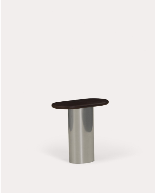 Mesa Auxiliar Ovalada de Metal y Madera de Mango (45x25 cm) Lahuga - Madera de Mango Oscuro - Gris Cromado