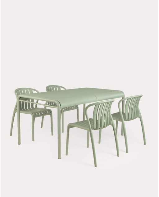 Set de mesa rectangular 153x90 cm y 4 sillas de polipropileno de exterior Baztan - Verde Sage