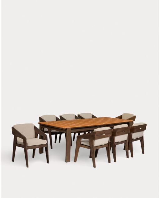Set de Mesa Extensible Rectangular (225-330x100 cm) Ubel y 8 Sillas con Reposabrazos de Madera de Acacia Tanon de Exterior
