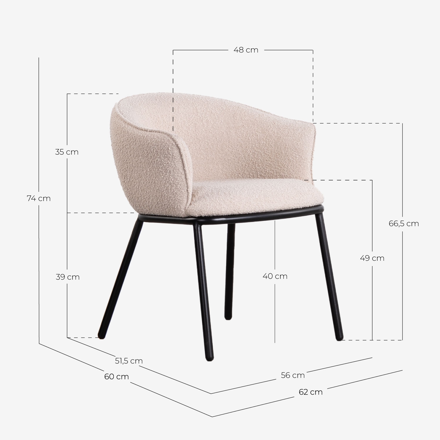 Pack 4 sillas de comedor de tela y metal Bonie, medidas