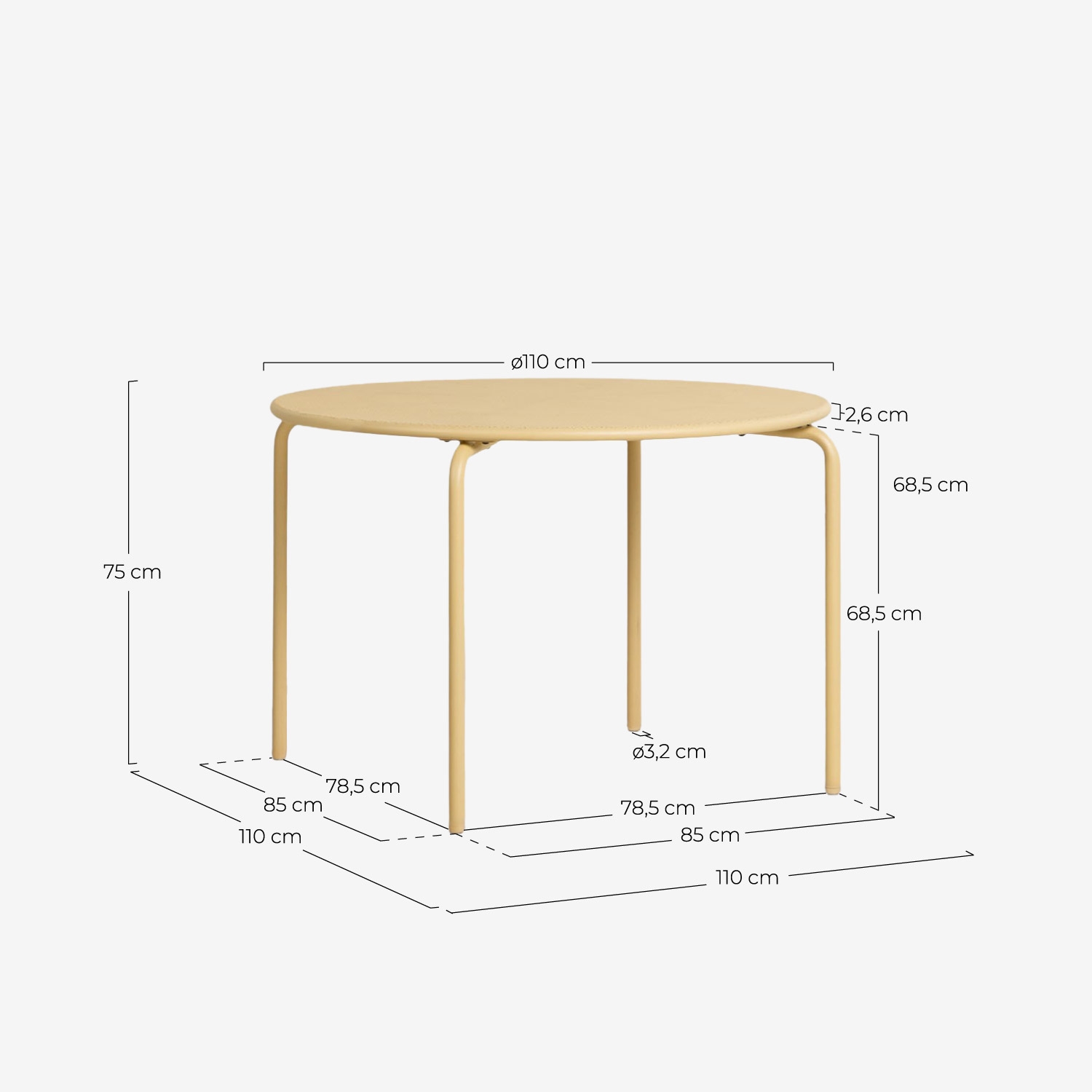 Set de mesa redonda Ø110 cm y 4 sillas con reposabrazos de metal dorothea de Exterior, medidas