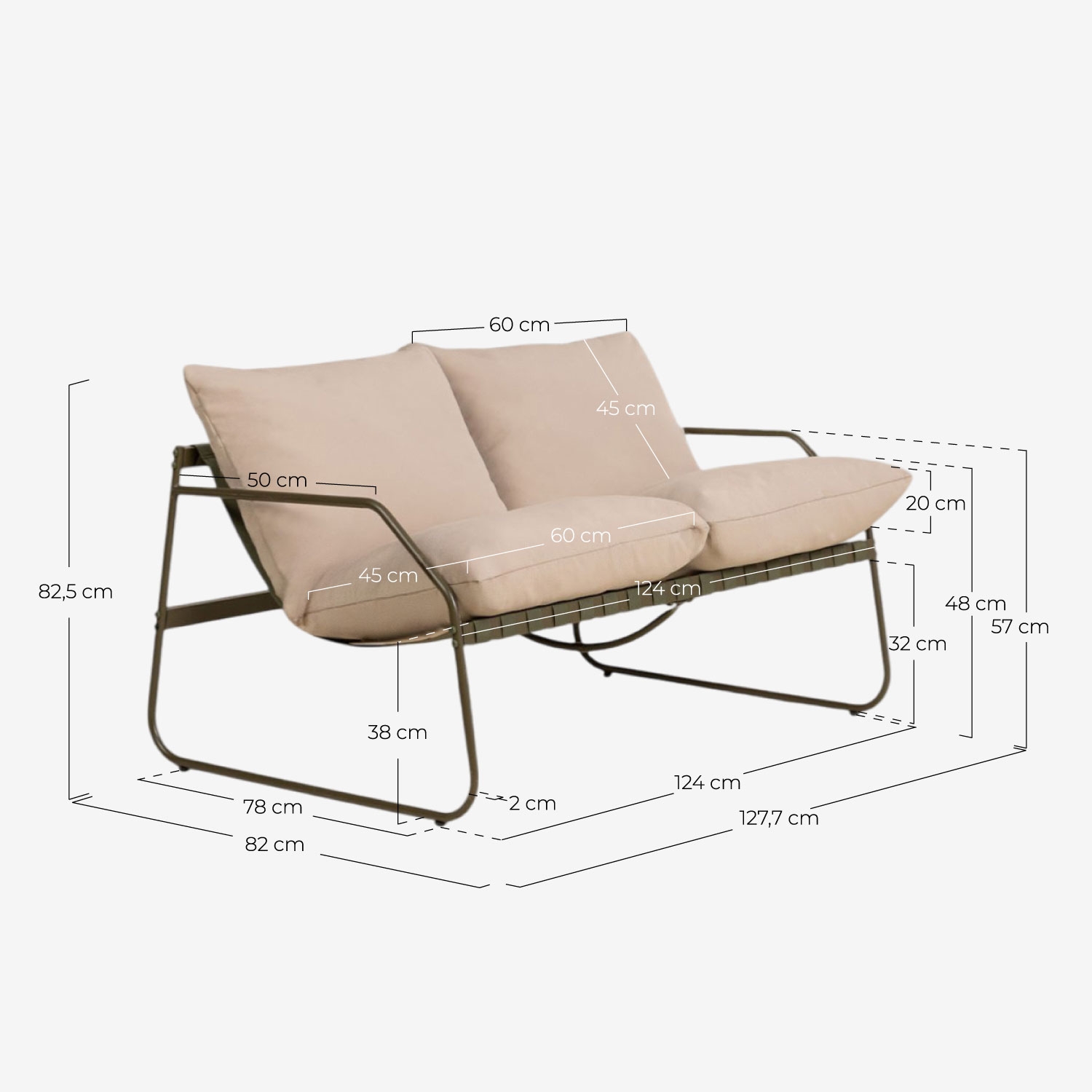 Set de jardín con sofá 2 plazas, 2 sillones y mesa de centro de metal y tela Ohiane, medidas