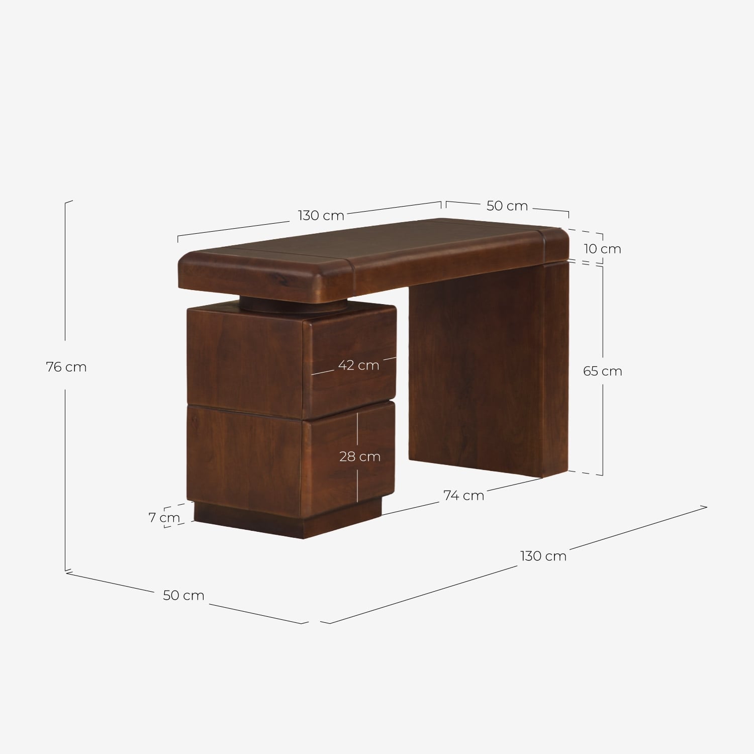 Escritorio rectangular 120x50 cm de madera de mango con 2 cajones Thalia, medidas